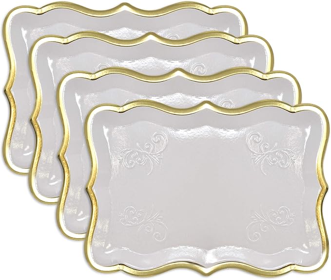 Gift Boutique 10 White Rectangle Trays with Gold Rim Border for Dessert Display Table Parties 9" X 13" Disposable Paper Cardboard in Elegant Shape for Platters Cupcake Display Birthday Party Weddings