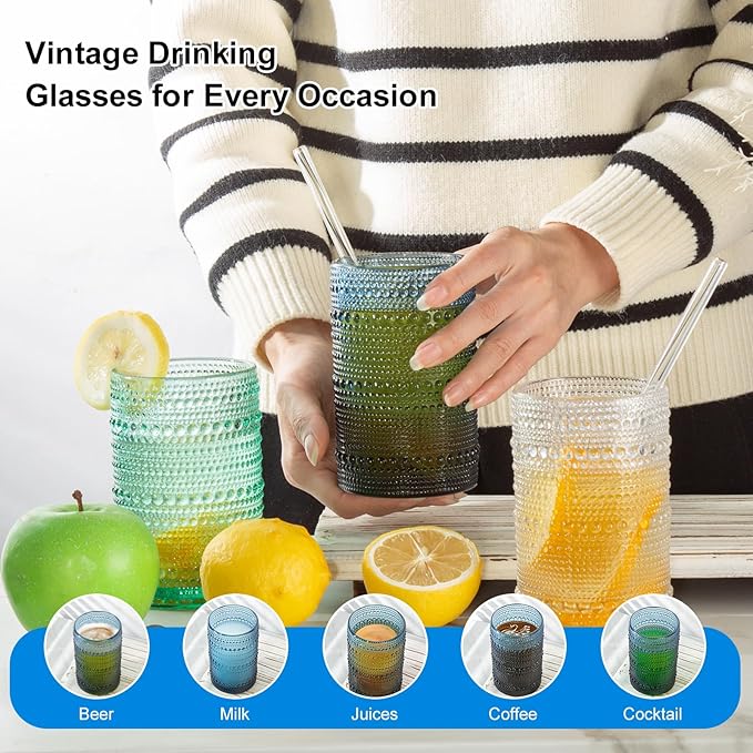 Vintage Blue Hobnail Drinking Glasses with Straws, 15oz & 12oz Embossed Highball Glassware for Cocktails, Whiskey, Beer, Juice(Set of 12)