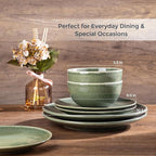 AmorArc Ceramic Dinnerware Sets for 8, 24 Pieces Handpainted Plates and Bowls Set, Scratch Resistant Stoneware Dishes Set, Dishwasher & Microwave Safe, Jade Green