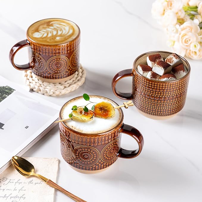 GBhome 16OZ Stackable Coffee Mugs, Ceramic Coffee Mugs with Texture Patterns for Man,Woman,Dad,Mom, Modern Coffee Mugs Set of 4 for Latte/Cappuccino/Cocoa. Dishwasher&Microwave Safe