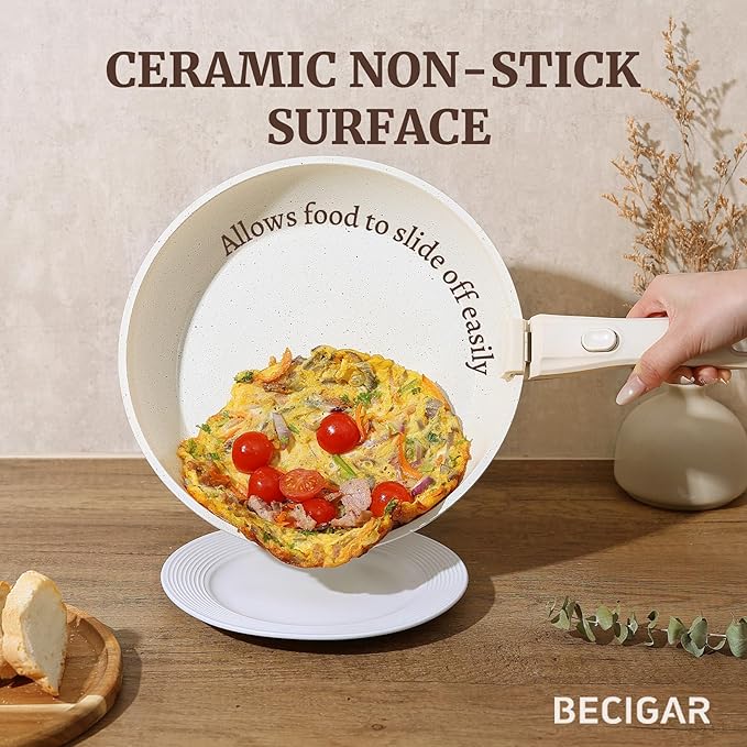 8pcs Ceramic Pots and Pans Set, Non Stick Cookware Set, Detachable Handle Cookware, Induction Kitchen Cooking Set with Removable Handle,Oven Safe, Induction Fast, Stackable Cookware Set