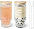 2 Pcs 16 oz Glass Cup with Lids and Straws Brush Hobnail Vintage Glasswar for Juice Iced Coffee Soda Cocktail Whiskey(Hobnail*2)