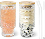 2 Pcs 16 oz Glass Cup with Lids and Straws Brush Hobnail Vintage Glasswar for Juice Iced Coffee Soda Cocktail Whiskey(Hobnail*2)