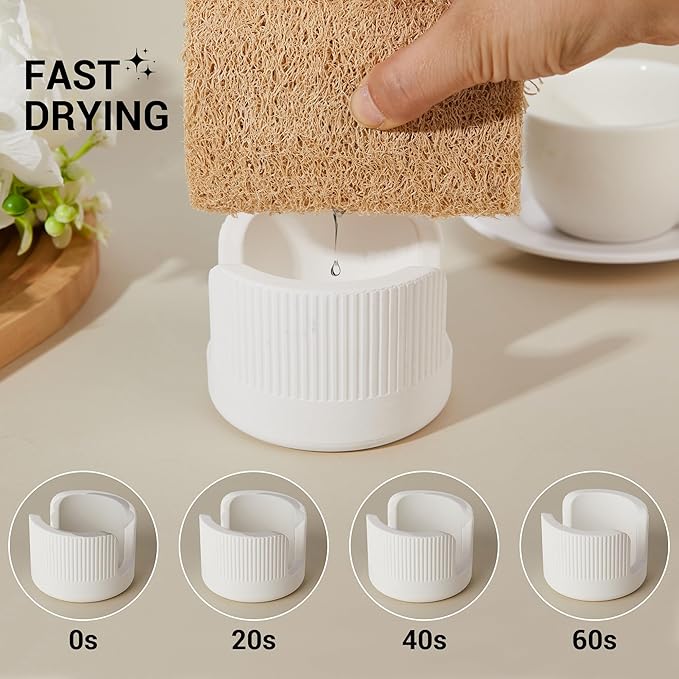 Quick Drying Diatomite Stone Sponge Holder, Compact Sponge Caddy for Kitchen Sink Counter, Water-Absorbing Round Organizer with Wide Slot, 1 Pack, White