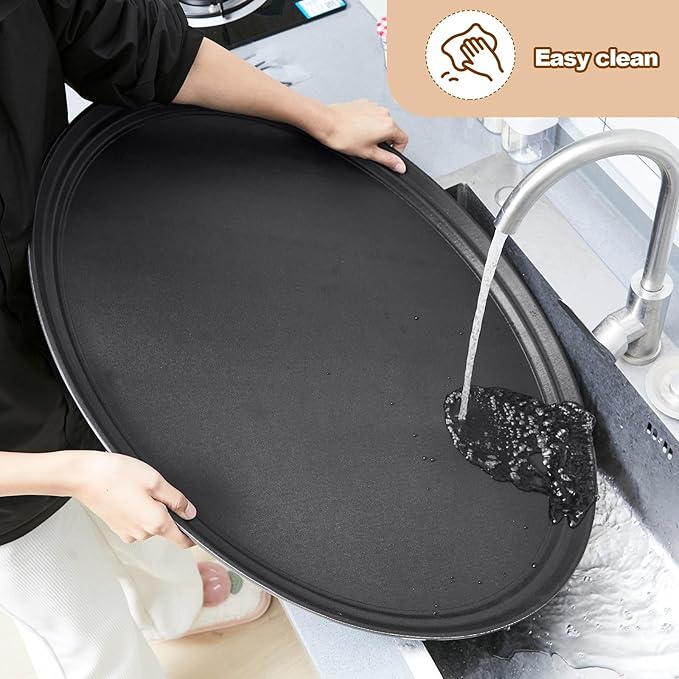 FillTouch 2 Pcs Restaurant Serving Trays PP Plastic Non Slip Rubber Lined Large Oval Tray for Kitchen Dining Room Cafeterias Fast Food Service (25 x 20 Inch,Black)