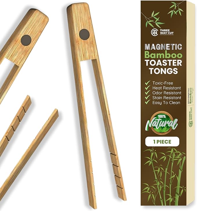 Toaster Tongs With Magnet | Kitchen Utensils For Cooking and Holding Toast Bacon Muffin Bagel Bread | 8 Inch Long Natural Non Toxic Bamboo