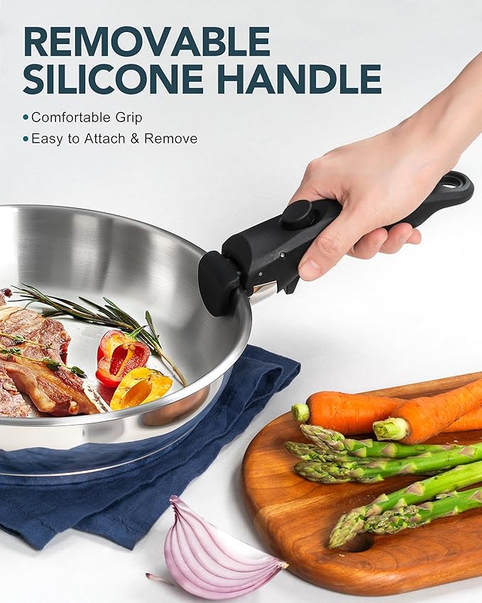 MICHELANGELO Stainless Steel Frying Pan Set, Cooking Pans with Removable Handle, Triply Base Stainless Steel Pan Set, Induction Compatible Skillet- 8" & 9.5" & 11"
