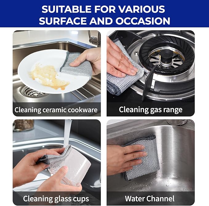 12 PCS 3-Layer Non-Scratch Multipurpose Steel Wire Dishcloths - Reusable Quick-Dry Odor-Free Scrub Cloths for Dishes, Kitchen Cleaning Cloths for Cookware, Sinks, Stove Tops(9.84X9.84)