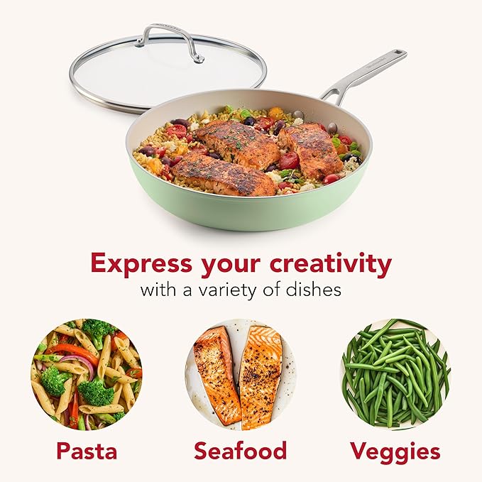 KitchenAid Hard Anodized Ceramic Induction Nonstick Cookware Frying Pan/Skillet with Lid, Dishwasher Safe, 12.25 Inch Non Stick Fry Pan with Stainless Steel Handle - Pistachio