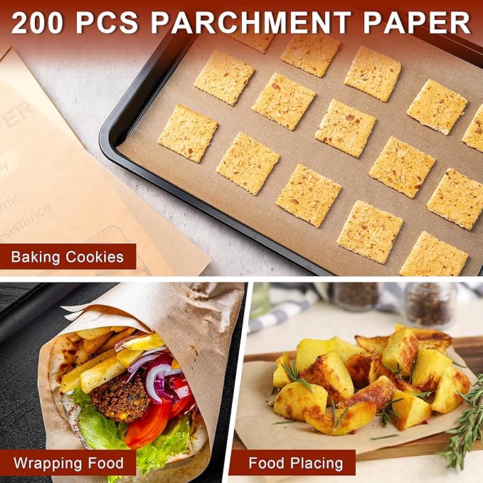 200Pcs Parchment Paper sheets,8 x12 Inches Non-Stick Precut Baking Parchment,Unbleached,Parchment Paper For Baking,Fryer, Cooking,Oven,Perfect for Bread, Cakes, Barbecue