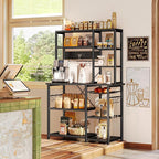SUPERJARE Large Bakers Rack with Power Outlets, 6-Tier Microwave Stand, Coffee Bar with 12 S-Shaped Hooks, Kitchen Shelf with Wire Basket, 39.4 x 14.6 x 66.9 Inches, Black