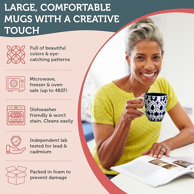 Annovero Large Coffee Mug Set of 6 - Porcelain Cups for Women or Men - Microwave & Dishwasher Safe, Chip Resistant, Zero Lead & Cadmium, for Tea, Cocoa, or Hot Chocolate, 16 Fluid Ounce Capacity