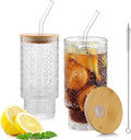 16oz Glass Cups with Lids and Straws, 2 Pack Vintage Drinking Glasses Tumblers Begonia Flower Iced Coffee Cups for Kitchen, Home, Office, Gifts