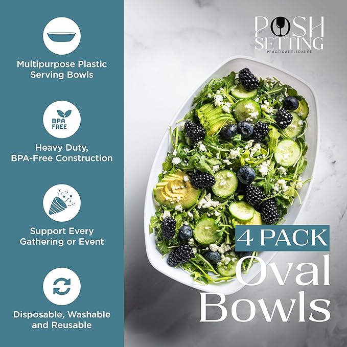 Posh Setting White Plastic Serving Bowls - Oval, 72 Ounce, 4 Pack