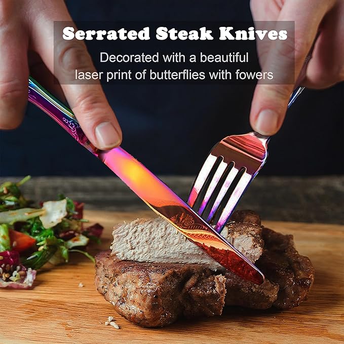 Runfly Gorgeous Retro Royal Rainbow Stainless Steel 20 Pieces Flatware Set, Multicolour Silverware Set, Anti-rust Stainless Steel dark Cutlery Set Utensils Including Fork Spoon and Knife