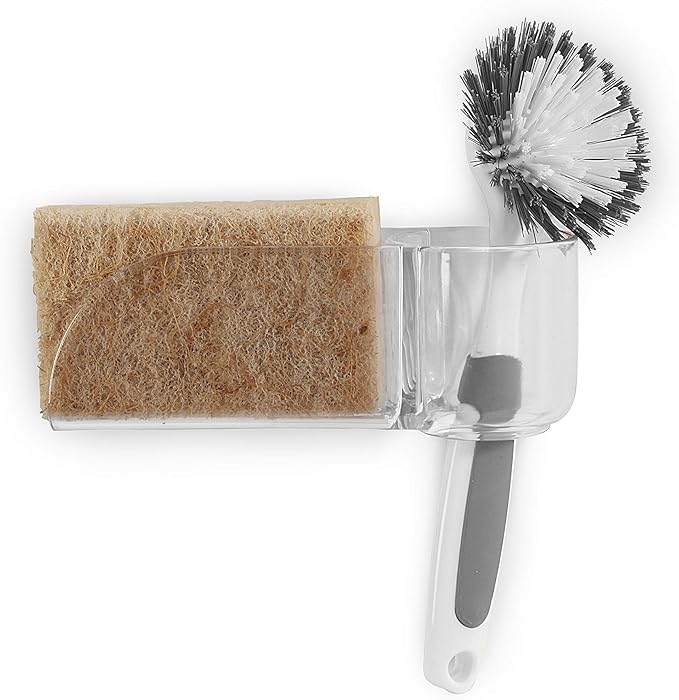 Spectrum Royo Clear Sponge and Brush Holder for Kitchen Sink with Dual Suction Cups, Sink Holder for Brush and Sponge, Kitchen Sponge and Brush Holder Frees Counter Space with Water Drain Design
