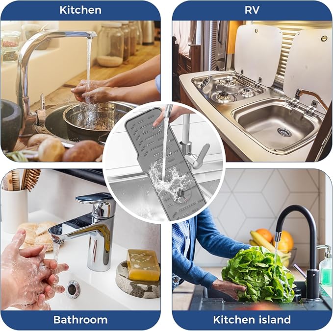24" Splash Guard Plus Size Silicone Sink Faucet Drying Mat Handle Drip Catcher Tray Dish Sponge Holder Kitchen Accessories Protector Home Organization Gadgets Organizer