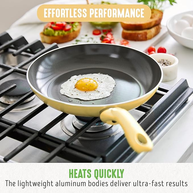GreenLife Essentials 8" Frying Pan Skillet, PFAS-Free Ceramic Nonstick, Induction Ready Cookware, Dishwasher Safe, Yellow