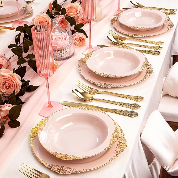 100PCS Pink Plastic Bowls - 12 oz Pink Gold Disposable Salad Bowls - Heavy Duty Soup Bowl - Fancy Plastic Ice Cream Bowl for Weddings Parties Dinners Picnics Mother‘s Day