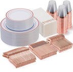 Goodluck 350 Pieces Rose Gold Dinnerware Set for 50 Guests, Plastic Plates Disposable for Party, Include: 50 Dinner Plates, 50 Dessert Plates, 50 Paper Napkins, 50 Cups, 50 Silverware Set