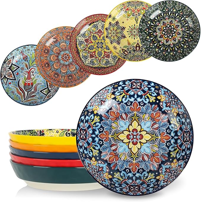 KitchenTour Pasta Bowls Set of 6-30 oz Large Wide & Shallow Serving Bowl, Colorful Ceramic Salad Bowls for Everyday Dining - 8.2 Inch, Microwave and Dishwasher Safe, Bohemian Style