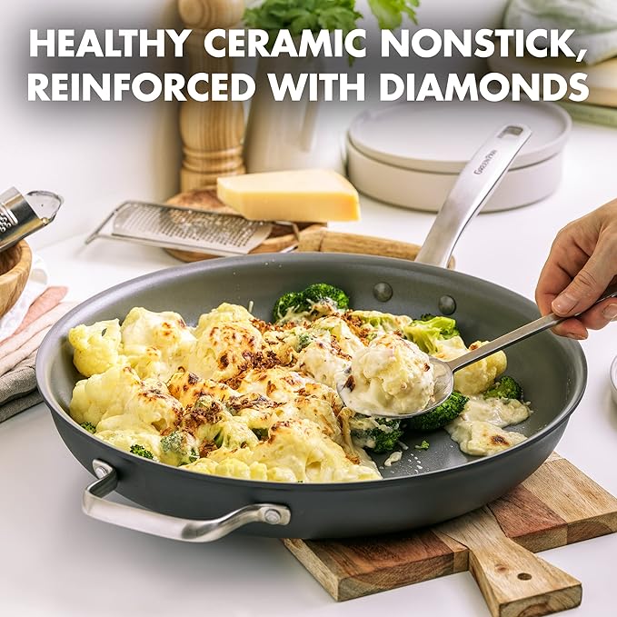 GreenPan Chatham Hard Anodized Healthy Ceramic Nonstick, 13" Frying Pan Skillet with Helper Handle, PFAS-Free, Dishwasher Safe, Oven Safe, Gray