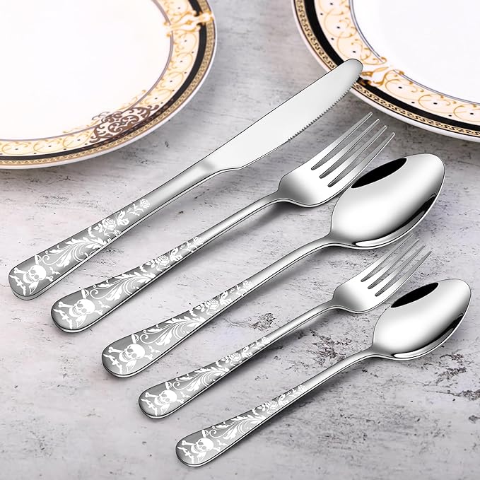Skull Pattern Silverware Set for 8,OIULO 40-Piece Pirate Pirate Rose Flatware set,Skeleton Flower Bat Butterfly Unique Design,Mirror Polished Gothic tableware Knive Fork Spoon Halloween Party Gift