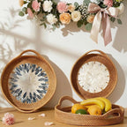 Mothers Day Gifts Set – 3 Handwoven Rattan Trays with Natural Shell Inlay, Boho Decorative Wicker Serving & Coffee Table Trays with Handles for Home Decor, Candles, Snacks & Holiday Entertaining