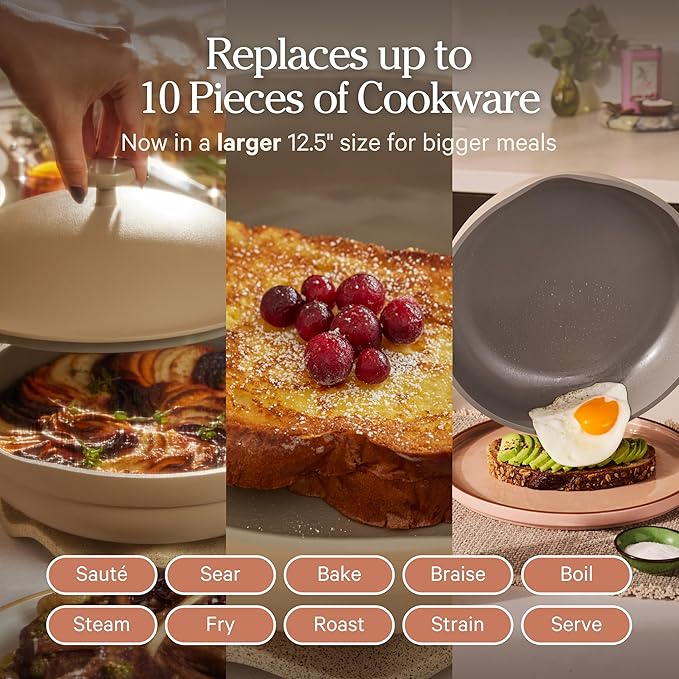 Our Place Large Always Pan | 12.5" Ceramic Pan with Modular Lid & Beechwood Spatula | Patented 10-in-1 Nonstick, Non-Toxic Cookware Made Without PFAS | Induction & Oven-Safe up to 450°F | Steam