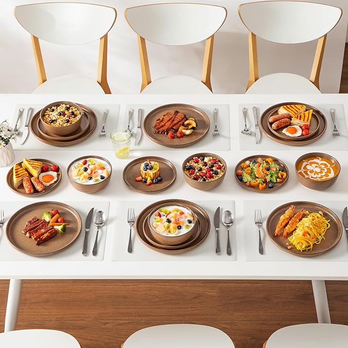 vancasso ZERMATT Plates and Bowls Sets for 6, 18 Pieces Ceramic Dinnerware Set for Kitchen, Stoneware Chip Resistant Dishes Set, Dishwasher & Microwave Safe, Brown