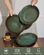 Pokini 16 Piece Double Bowl Dinnerware Sets with Pasta Bowls, Highly Chip and Crack Resistant Plates and Bowls Sets, Natural Earthyware Ceramic Dishware Sets, Service for 4 Sage Green