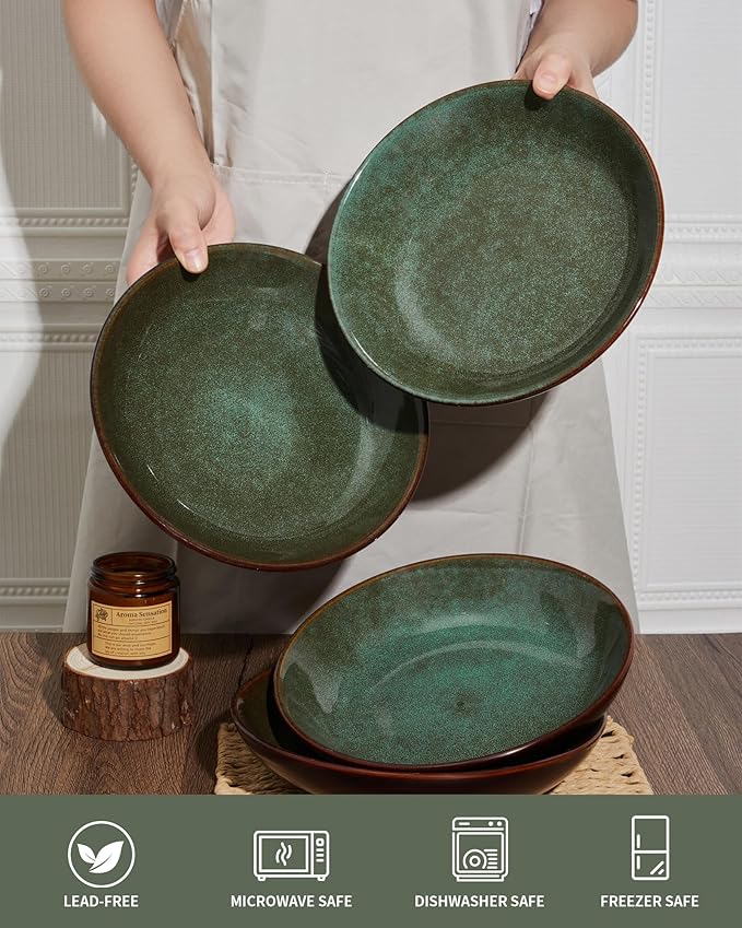 Pokini Stoneware Pasta Bowls Set of 6, 8.75 Inch Ceramic Bowl Set 32 Oz, Microwave & Dishwasher Safe Bowl Plates, Large Salad Bowl for Serving Soup, Pasta, Noodle, Dinner, Brown Green