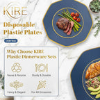 KIRE 140Pcs Blue Plastic Plates with Gold Rim - Gold Disposable Plastic Silverware with Blue Handle&Clear Cups&Hand Napkin - Geometric Party Plates for Passover/Party/Graduation