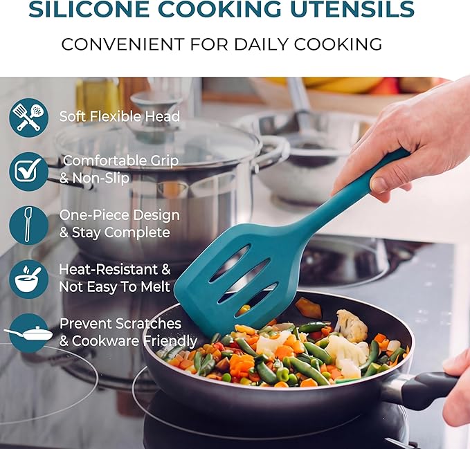 TeamFar Silicone Cooking Utensils Set of 6, Kitchen Utensils Set, Includes Ladle Slotted Turner for Non-stick Cookware, Healthy & One-Piece, Non-Scratch & Heat Resistant, Dishwasher Safe, Dark Blue
