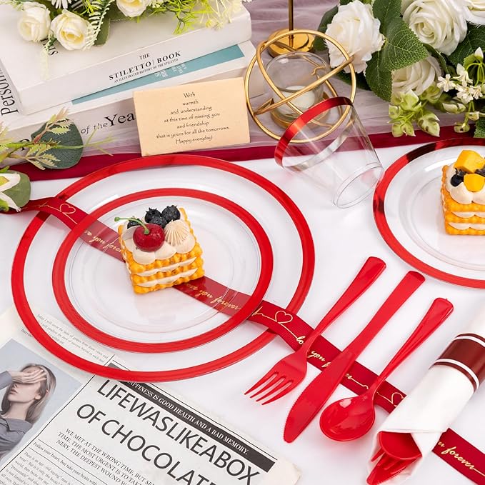 Liacere 350PCS Clear and Red Plastic Mothers Day Plates and Napkins for 50Guests Plastic Dinnerware Set:100 Red Disposable Plates 50 Pre Rolled Napkins with Cutlery,50 Cups for Mothers Day&Graduation