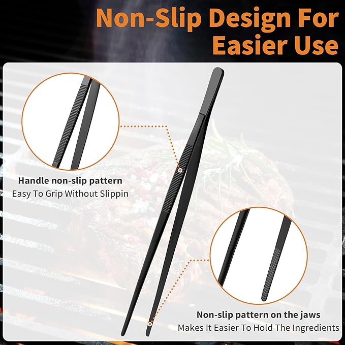 Metal Tongs & Kitchen Tweezers Set, 4 Pcs 12'' & 10'' Stainless Steel Tong and Cooking Tweezers with Two Types of Jaws and Non-Slip Design, Food-Grade Coating, High Strength for BBQ & Platter, Black