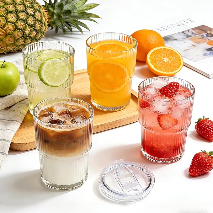 6 Pack 13oz Ripple Drinking Glasses with Lids, Iced Coffee Cup Set, Vintage Drinking Glasses, Coffee Glasses, Water Glasses for Matcha Smoothie Juice Tea Latte Cappuccino Cocktail