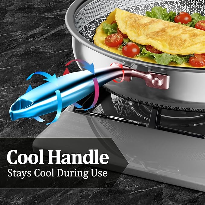 Hybrid Non Stick Frying Pans, 12-inch Stainless Steel Frying Pans with Tempered Glass Lid, 5 Ply Induction Cookware, Dishwasher-Friendly, Oven-Safe Up to 800°F, Compatible with All Cooktops