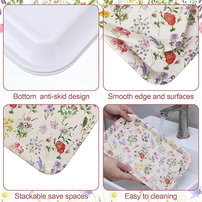 Vesici 3 Pcs Wildflower Serving Trays 13 x 10 Inch Vintage Flower Melamine Platters Reusable Rectangular Serving Dishes for Wedding Bridal Tea Party Sharing Snacks Fruit Dessert Candy