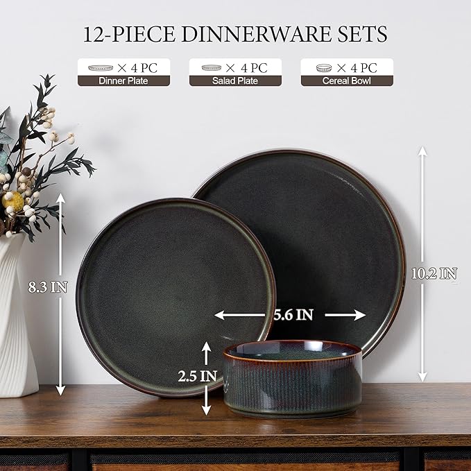 E-far 12-Piece Plates and Bowls Sets, Stoneware Dinnerware Dishes Sets for 4, Kitchen Modern Dining Dishware, Chip & Scratch Resistant, Microwave & Dishwasher Safe, Blackish Green