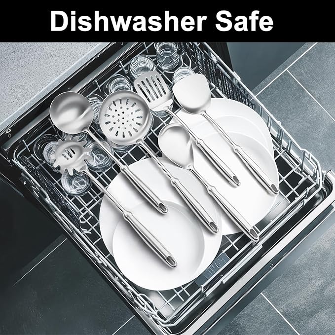 304 Stainless Steel Cooking Utensils Set,6 PCS Metal Cooking Utensils Set,Large Spoon,Spaghetti Spoon,Wok Spatula,Skimmer,Soup Ladle etc(Dishwasher Safe)