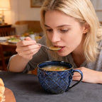 Ceramic Soup Bowl with Handle, 24 oz Microwave Safe Soup Mug/Cup with Lid, Large Ceramic Mug for Coffee, Cereal, Oatmeal, Salad, Ramen, Noodle, Soup, Set of 2 - Reactive Glaze Blue