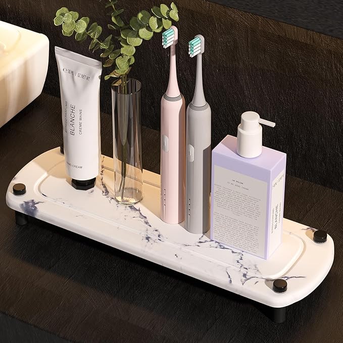 Instant Dry Sink Caddy Organizer, Stone Sink Tray with Stainless Steel Feet, Fast Drying Sponge and Soap Dispenser Holder for Kitchen and Bathroom Countertop