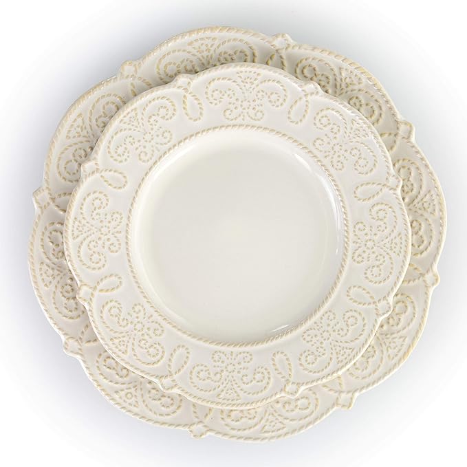 Elama Round Decorated Stoneware Scallop Embossed Dinnerware Dish Set, 16 Piece, Luna