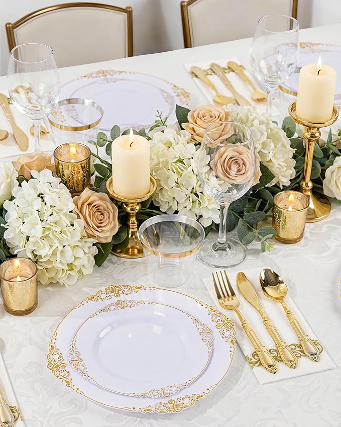 Morejoy 175PCS White and Gold Plastic Plates - Gold Plastic Dinnerware Set Include 25Dinner Plates, 25Dessert Plates 75Cutlery, 25Cups, 25Napkin Perfect for Party & Wedding