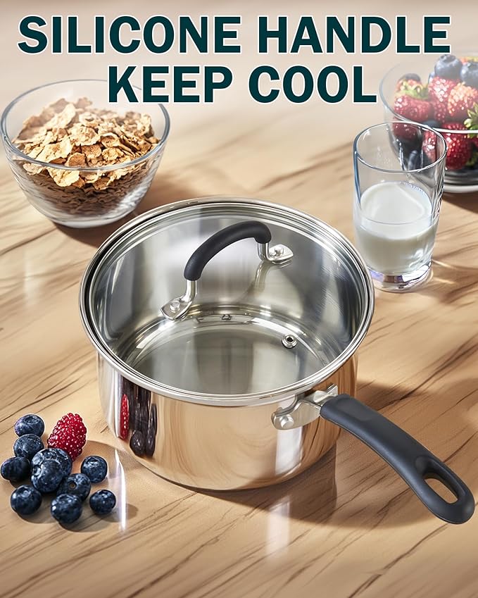 Cook N Home 1 & 2 Quart Stainless Steel Saucepan Sets with Lid, Induction Compatible Milk Pots, Stay-Cool Silicone Handle, Mirror Polished 18/10 Cookware, Dishwasher & Oven Safe, Silver