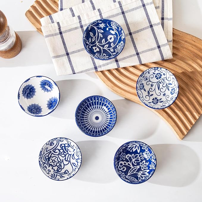 Ceramic Dipping Bowls Set - Mini 2.7 Oz Soy Sauce Dishes - 3 inch Small Side Dishes for Appetizers Charcuterie Sushi Sauce Snack Soy - Pinch Bowls for Kitchen Prep - Set of 6 - Vintage Blue