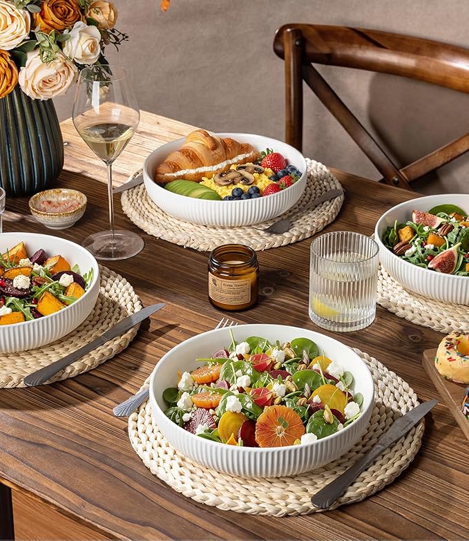 theterra 8.5'' Ceramic Pasta Bowls, Salad Bowls Set of 4, Stoneware Serving Bowls for Fruits, Noodle, Dinner, House-warming Wedding Present, Bright White