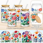 Mumufy 4 Pack Gift for Women Cute Glass Cup Tumbler Flower Iced Coffee Mugs 16 oz Glass with Bamboo Lid & Straw, Mothers Day Birthday Gift for Mom Sister Bridesmaid Baby Shower(Abstract Flower)