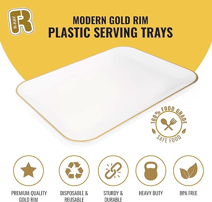 R-kay 3 Pack Plastic Serving Trays for Party - White and Gold Tray 8 by 11 in Heavy Duty Dessert Food Rectangular Premium Platters